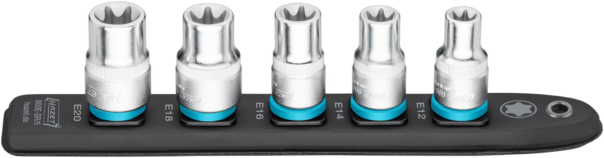 HAZET SmartRail ∙ Flexible Kunststoff-Steckleiste 900E-SR/5 ∙ 1/2 Zoll (12,5 mm) Vierkant∙ Außen TORX® Profil ∙ 5-teilig ∙ E12 ∙ E14 ∙ E16 ∙ E18 ∙ E20