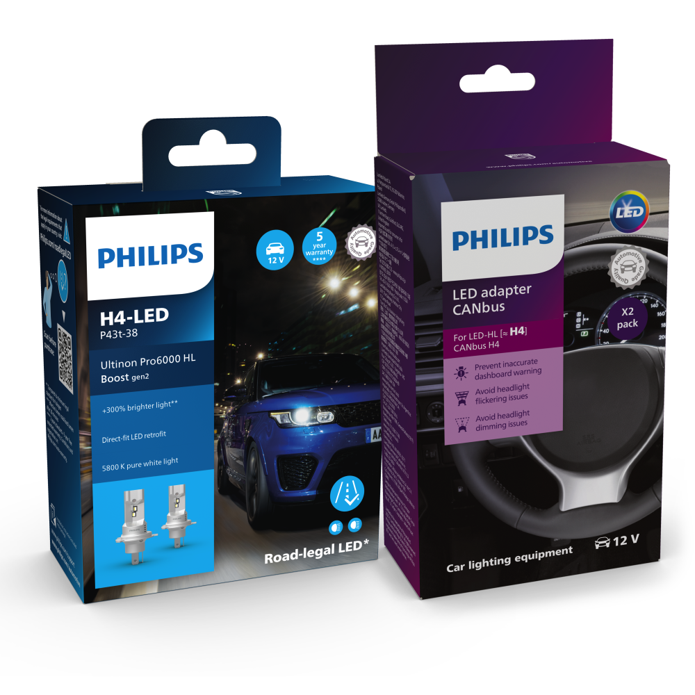 Set für W124 Philips Ultinon Pro6000 Direct Fit H4 inkl. CANBUS Adapter