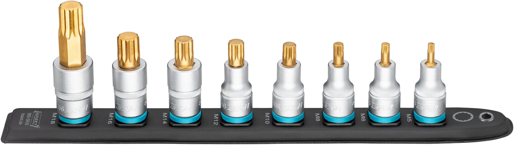 HAZET SmartRail ∙ Flexible Kunststoff-Steckleiste 990-SR/8 ∙ 1/2 Zoll (12,5 mm) Vierkant∙ Innen Vielzahn Profil XZN ∙ 8-teilig ∙ M5 ∙ M6 ∙ M8 ∙ M10 ∙ M12 ∙ M14 ∙ M16 ∙ M18