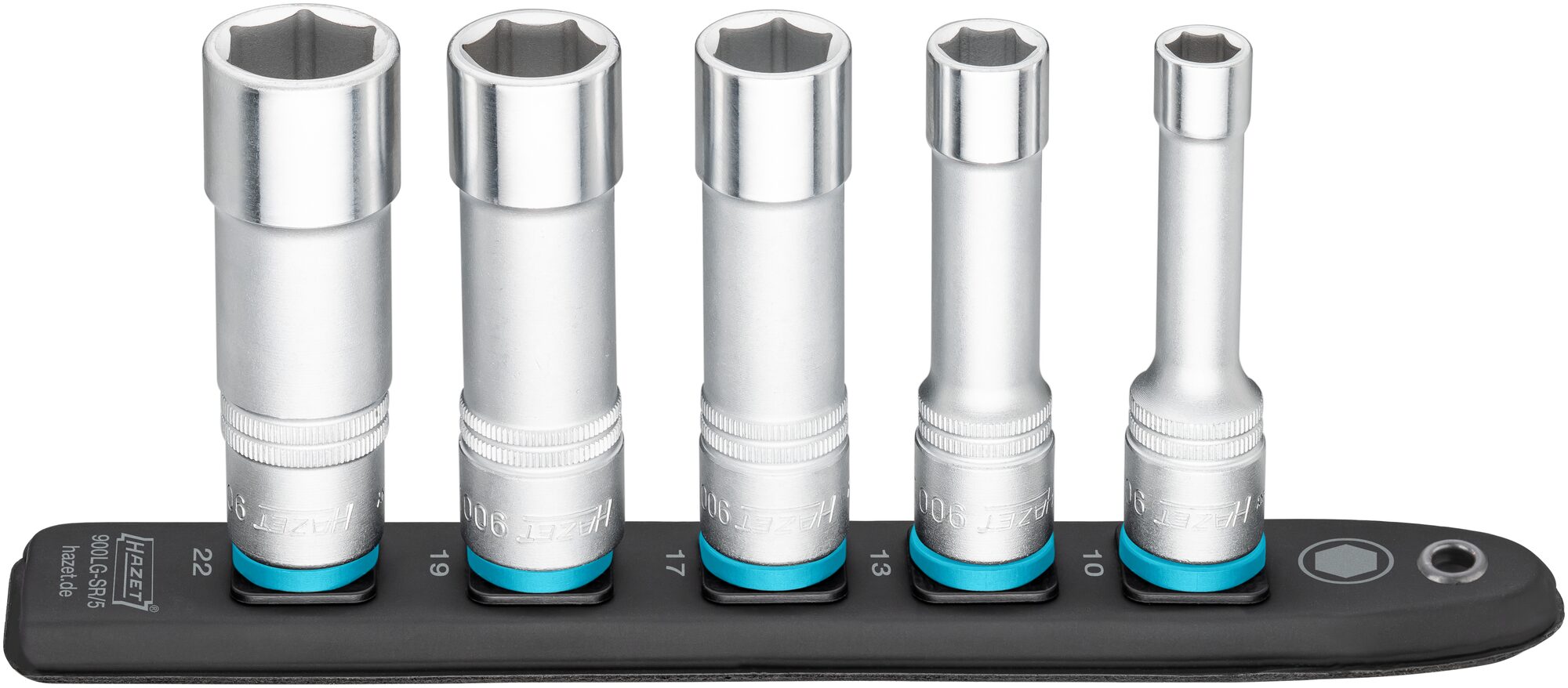 HAZET SmartRail ∙ Flexible Kunststoff-Steckleiste 900LG-SR/5 ∙ 1/2 Zoll (12,5 mm) Vierkant∙ Außen Sechskant-Tractionsprofil ∙ 5-teilig ∙ 10 ∙ 13 ∙ 17 ∙ 19 ∙ 22