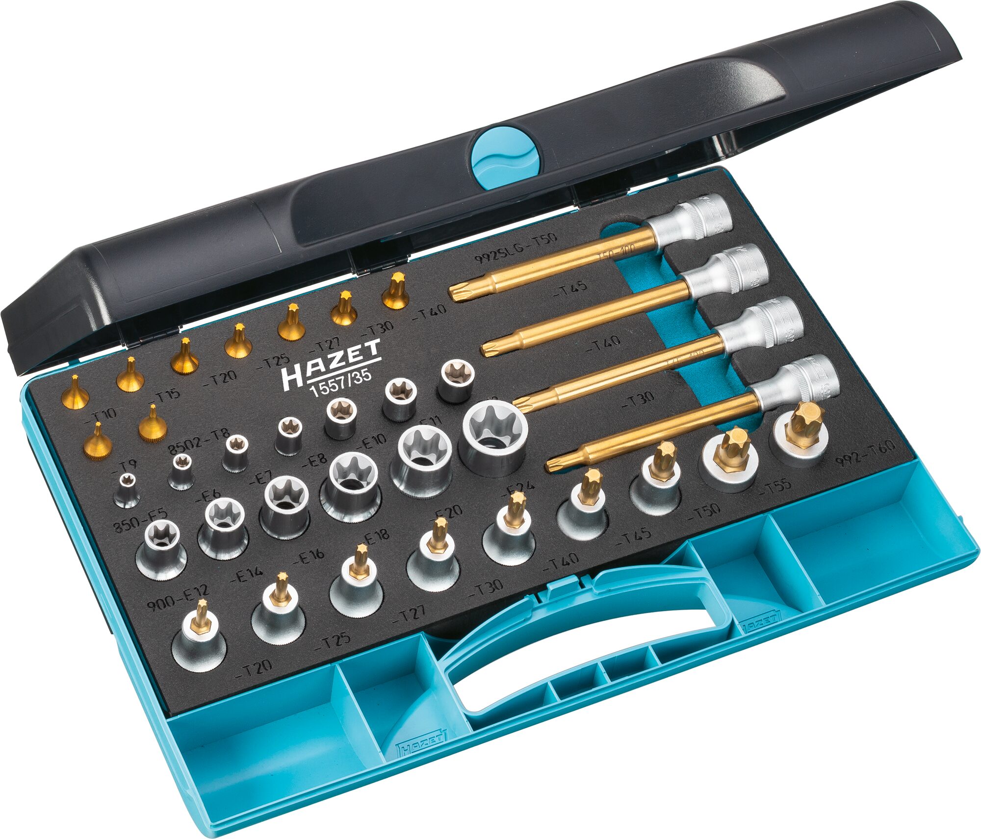 HAZET Werkzeug Satz 1557/35 ∙ 1/4 Zoll (6,3 mm) Vierkant , 1/2 Zoll (12,5 mm) Vierkant∙ Außen TORX® Profil, Innen TORX® Profil ∙ 35-teilig ∙ E6 – E24 ∙ T8 – T50