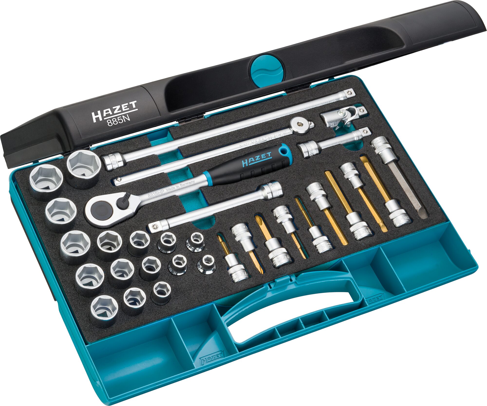HAZET Steckschlüssel Satz 885N ∙ 3/8 Zoll (10 mm) Vierkant∙ Außen Sechskant-Tractionsprofil, Innen Sechskant Profil, Kreuzschlitz Profil PH, Schlitz Profil ∙ 32-teilig ∙ 1 x 5,5 – 1,6 x 10 ∙ 4 – 22 ∙ PH1 – PH3