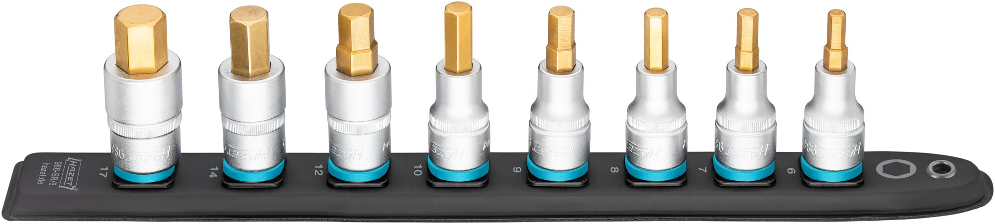 HAZET SmartRail ∙ Flexible Kunststoff-Steckleiste 986-SR/8 ∙ 1/2 Zoll (12,5 mm) Vierkant∙ Innen Sechskant Profil ∙ 8-teilig ∙ 6 ∙ 7 ∙ 8 ∙ 9 ∙ 10 ∙ 12 ∙ 14 ∙ 17