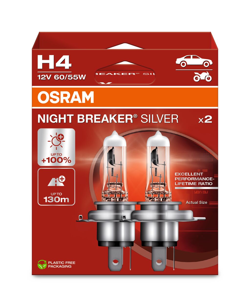 H4 12V 60/55W P43t NIGHT BREAKER® SILVER +100% 2 St. OSRAM