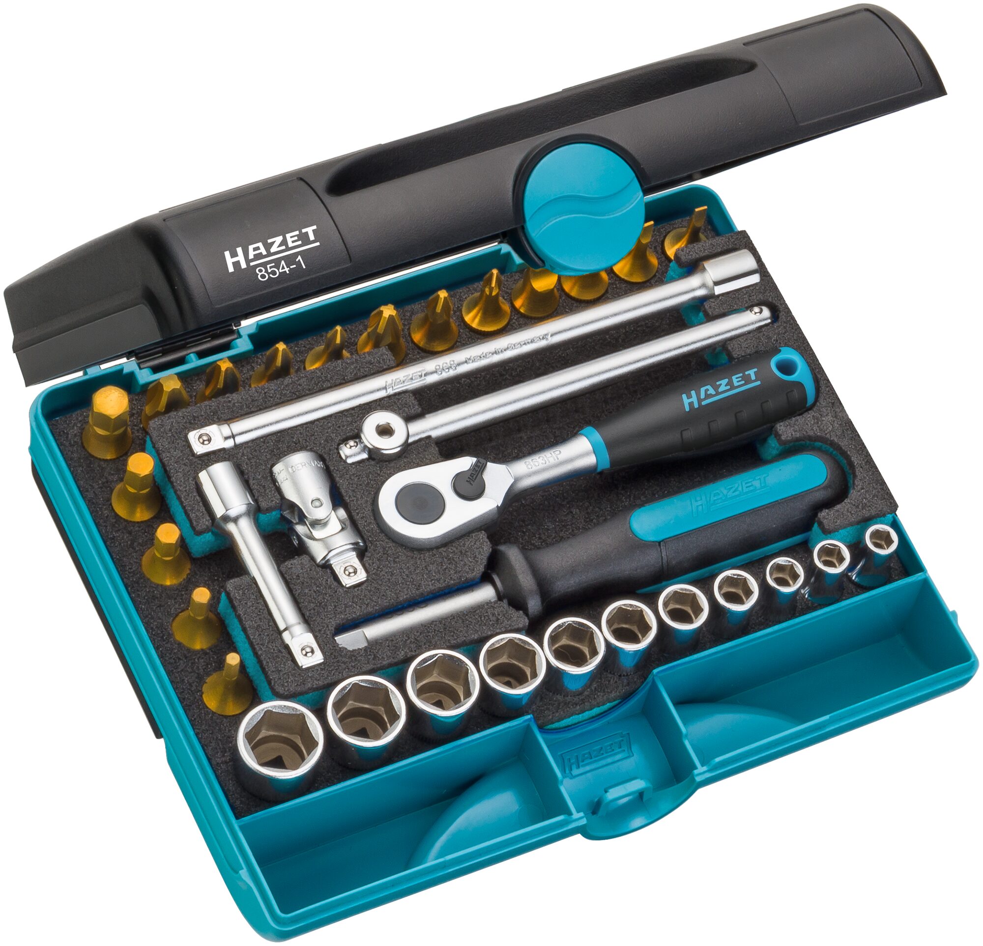 HAZET Steckschlüssel Satz 854-1 ∙ 1/4 Zoll (6,3 mm) Vierkant∙ Außen Sechskant-Tractionsprofil, Innen Sechskant Profil, Kreuzschlitz Profil PH, Pozidriv Profil PZ, Schlitz Profil ∙ 33-teilig ∙ 0,6 x 3,5 – 1,2 x 8 ∙ 3 – 14 ∙ PH1 – PH4 ∙ PZ1 – PZ3