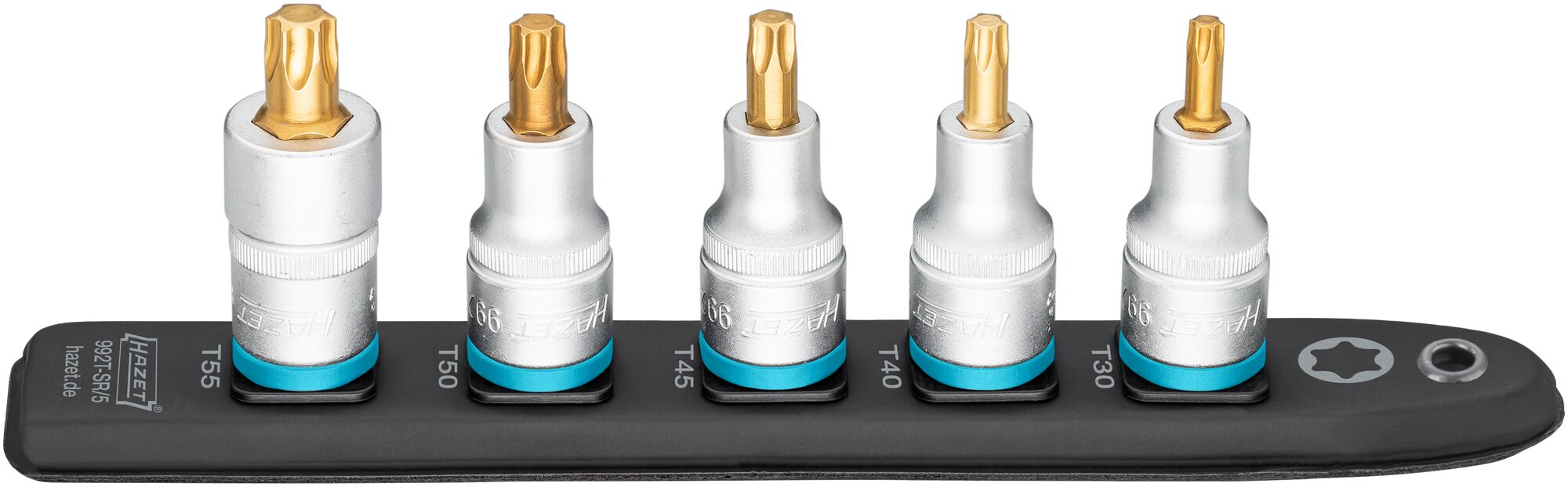 HAZET SmartRail ∙ Flexible Kunststoff-Steckleiste 992T-SR/5 ∙ 1/2 Zoll (12,5 mm) Vierkant∙ Innen TORX® Profil ∙ 5-teilig ∙ T30 ∙ T40 ∙ T45 ∙ T50 ∙ T55