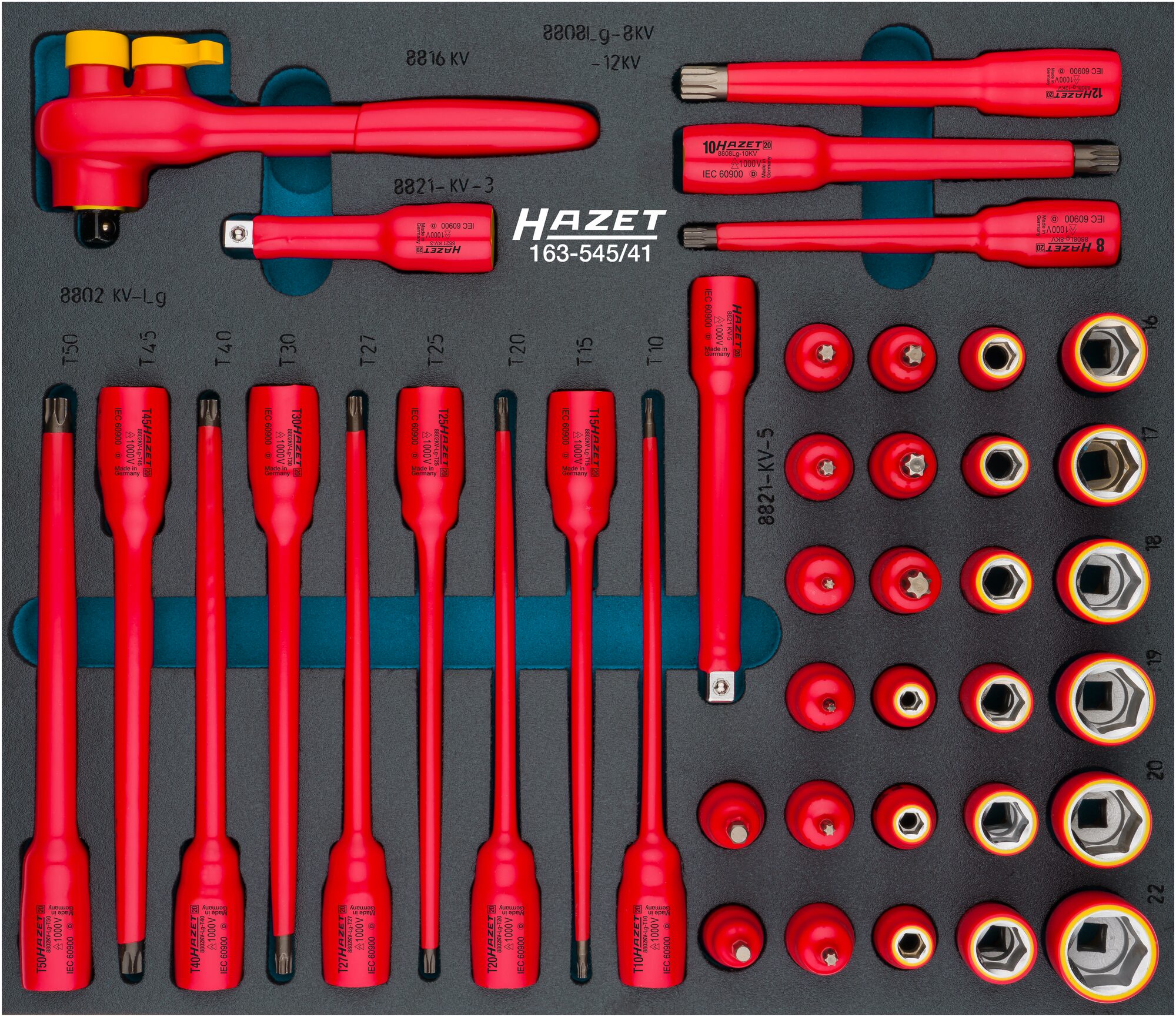 HAZET Steckschlüssel Satz ∙ schutzisoliert 163-545/41 ∙ 3/8 Zoll (10 mm) Vierkant∙ Außen Sechskant-Tractionsprofil, Innen TORX® Profil, Innen Sechskant Profil, Innen Vielzahn Profil XZN ∙ 41-teilig ∙ 5 – 22 ∙ M8 – M12 ∙ T10 – T50