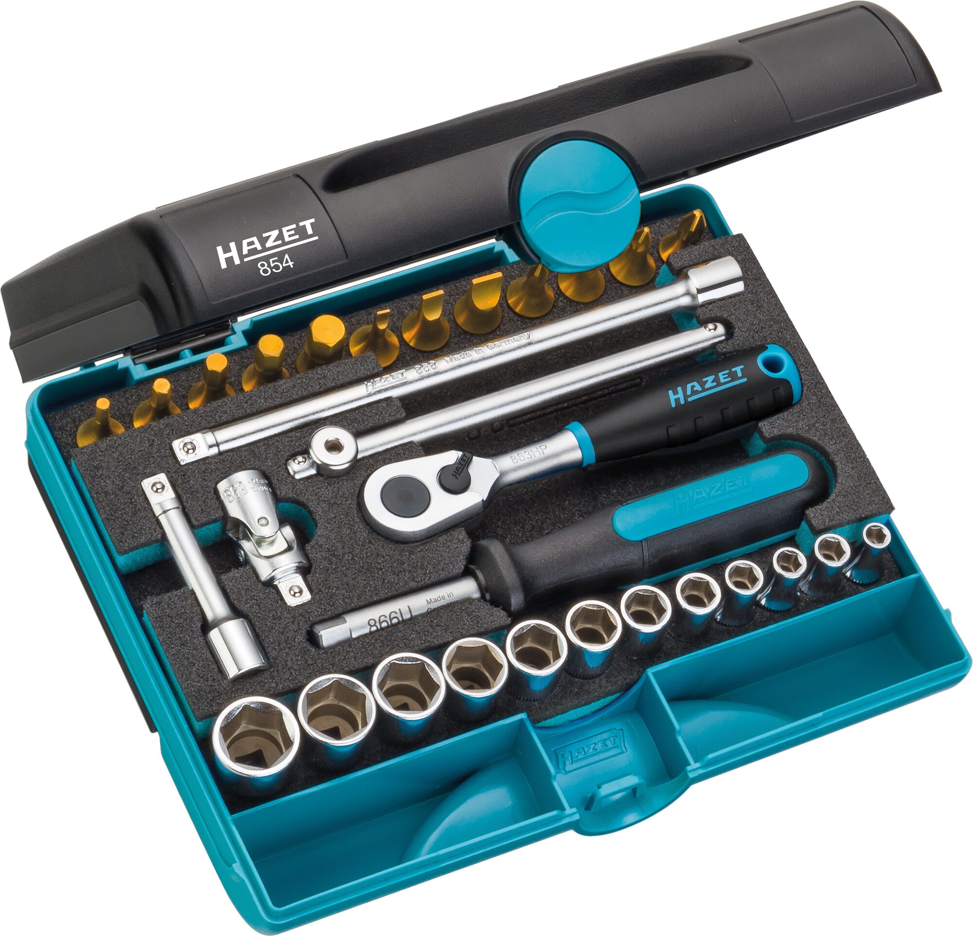 HAZET Steckschlüssel Satz 854 ∙ 1/4 Zoll (6,3 mm) Vierkant∙ Außen Sechskant-Tractionsprofil, Innen Sechskant Profil, Kreuzschlitz Profil PH, Pozidriv Profil PZ, Schlitz Profil ∙ 30-teilig ∙ 0,6 x 3,5 – 1,2 x 8 ∙ 3 – 14 ∙ PH1 – PH2 ∙ PZ1 – PZ2