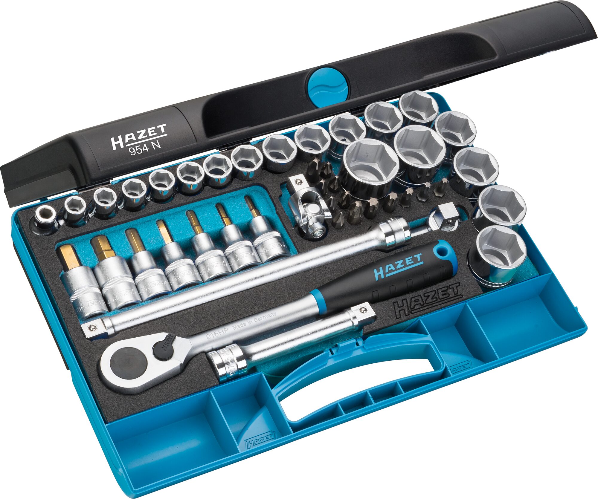 HAZET Steckschlüssel Satz 954N ∙ 1/2 Zoll (12,5 mm) Vierkant∙ Außen Sechskant-Tractionsprofil, Pozidriv Profil PZ, Kreuzschlitz Profil PH, Innen Sechskant Profil, Innen TORX® Profil ∙ 44-teilig ∙ 5 – 32 ∙ PH1 – PH4 ∙ PZ1 – PZ4 ∙ T27 – T50