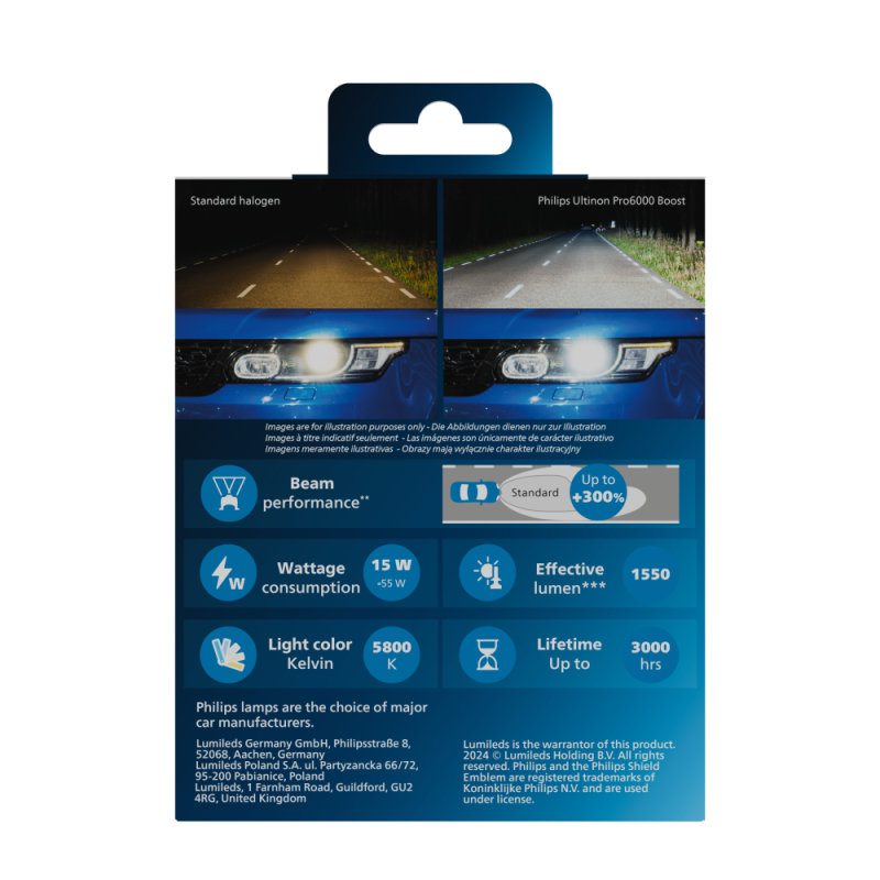 Philips Ultinon Pro6000 H4-LED Motorbike Headlight with Street License, 230% Brighter Light, 5,800K
